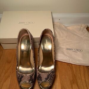 Jimmy Choo Snakeskin Peep Toe Heels - Brown and Gold
